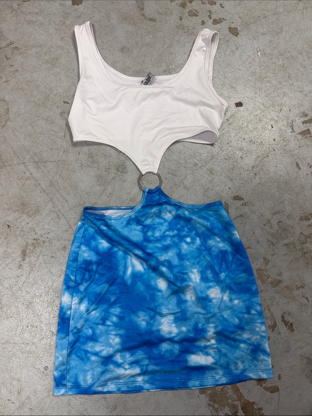 White & Blue Tie-Dye Ring-Detail Mini Skirt PRETTY WOMEN Costume XS/S Worn ONCE